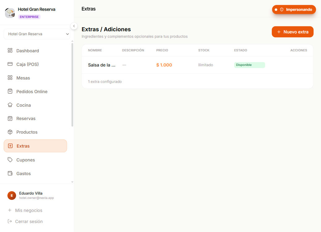 Lista de extras con stock, precio y producto al que se aplica