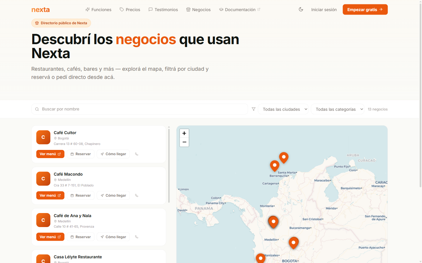 Directorio público de Nexta — mapa, lista lateral y filtros