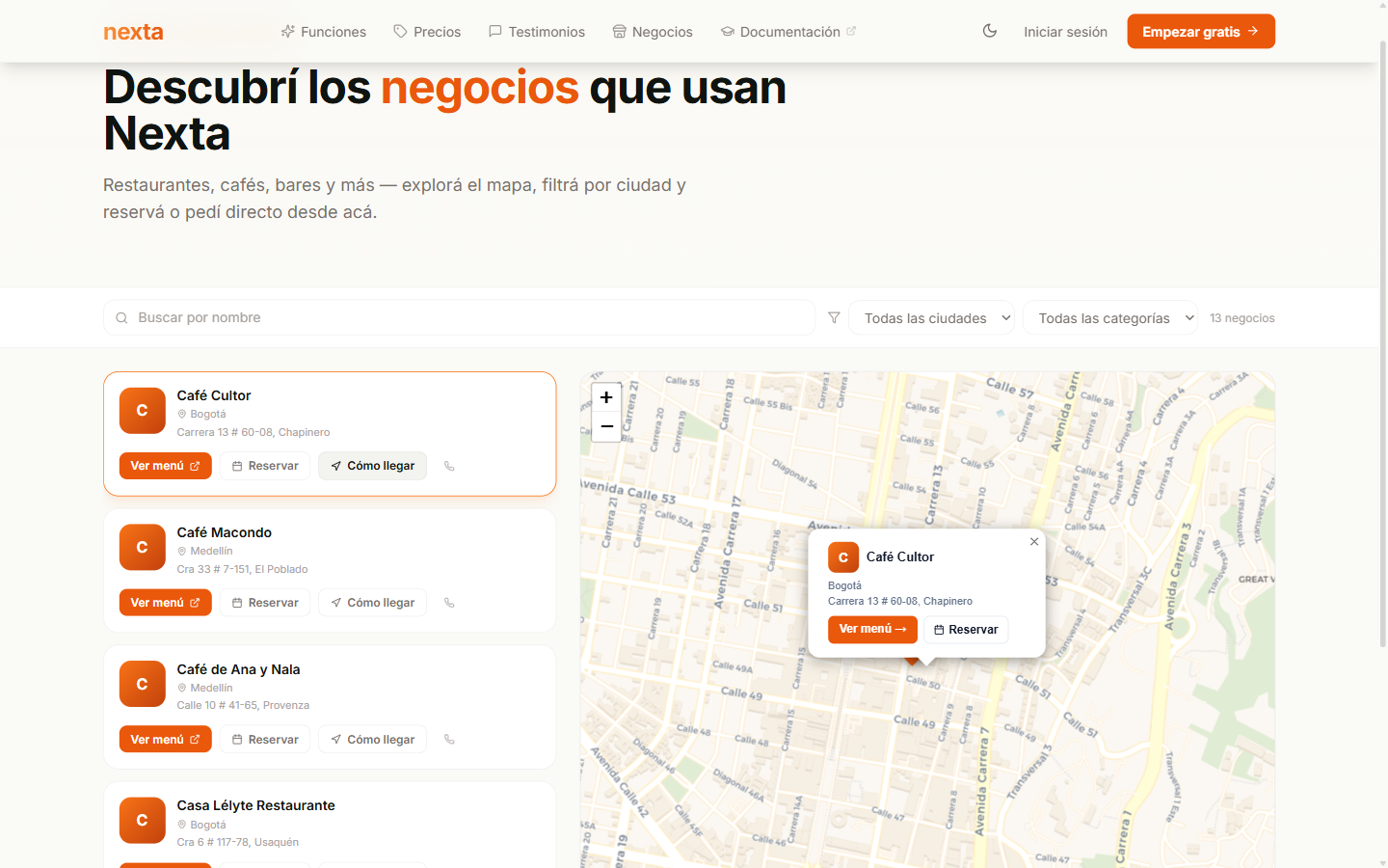 Popup del negocio al hacer click en su pin del mapa