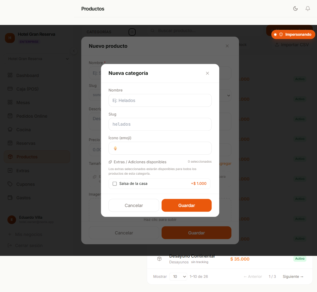 Modal para crear un producto nuevo con todos los campos disponibles
